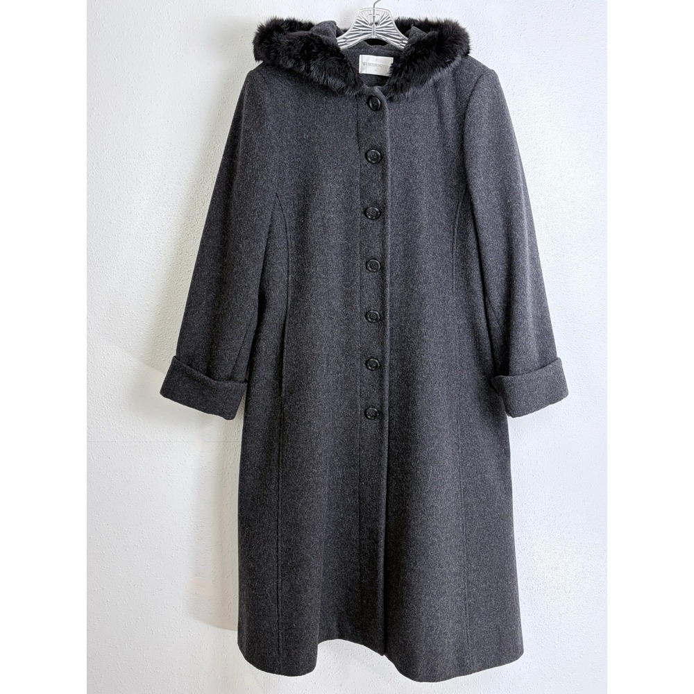 Charcoal Gray Wool Hooded Swing Coat Fur Trim Worthington 10 Dark Academia